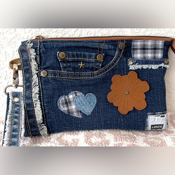 Bohemian Unique One-of-a-Kind Denim Patchwork Clutch with removable Wrist Handle - Picture 7 of 16
